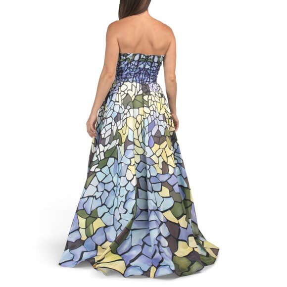 TERANI Blue Multi Strapless Mosaic Print Gown - Picture 2 of 2